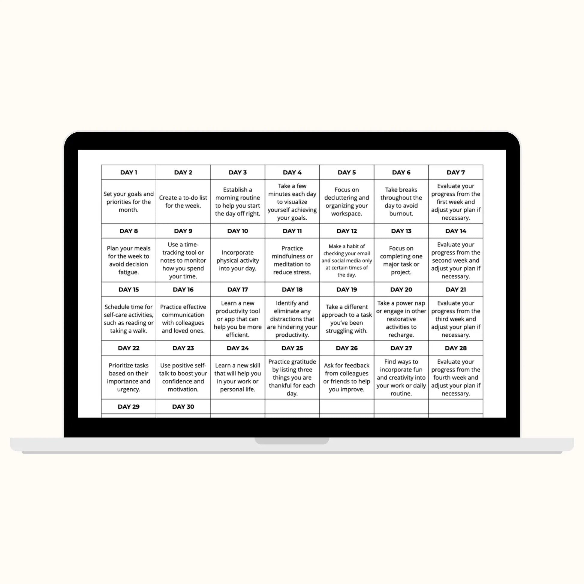 free productivity challenge calendar