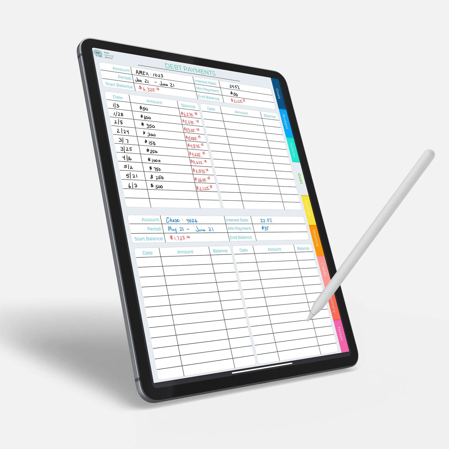 Debt payment tracker for digital budget organizer