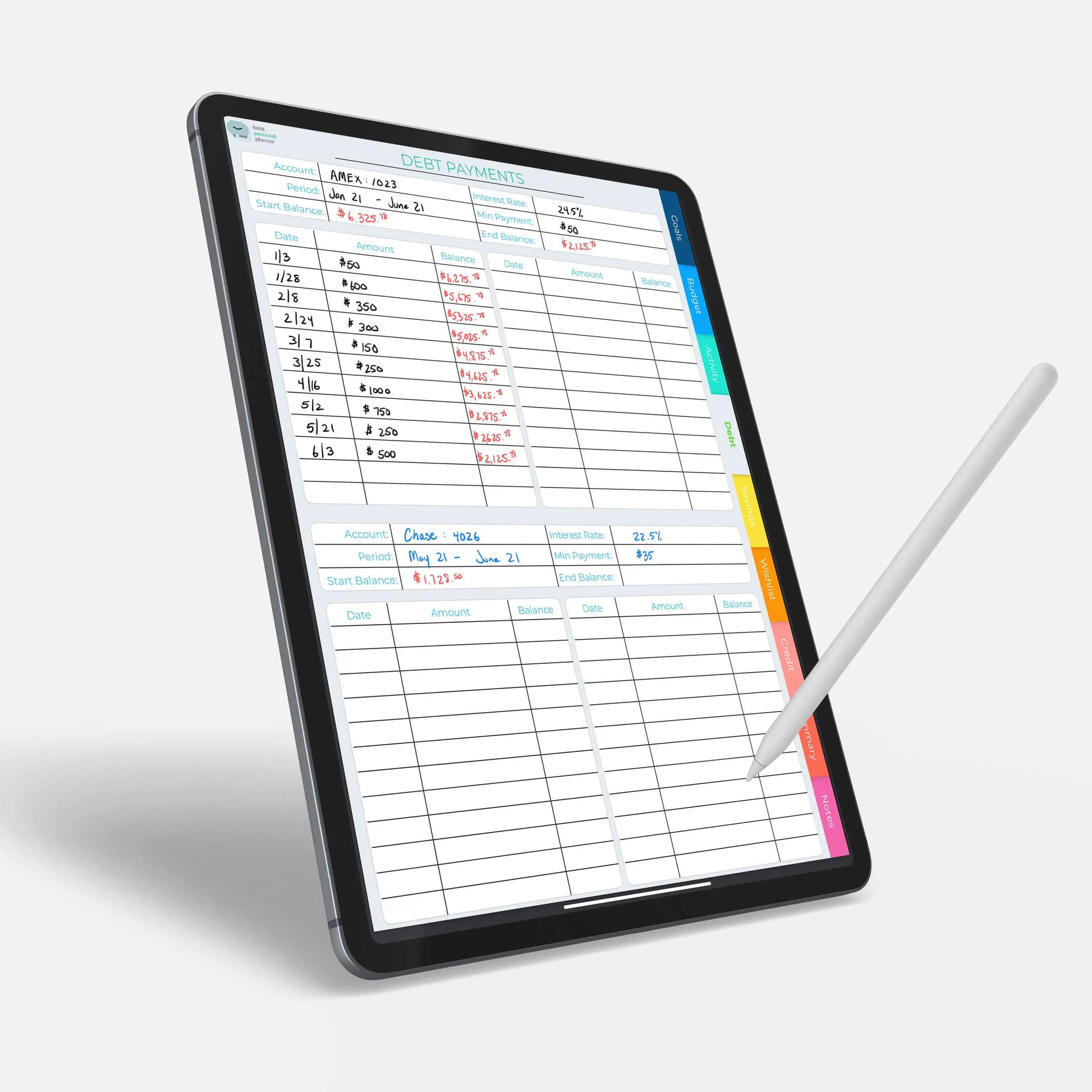 Debt payment tracker for digital budget organizer