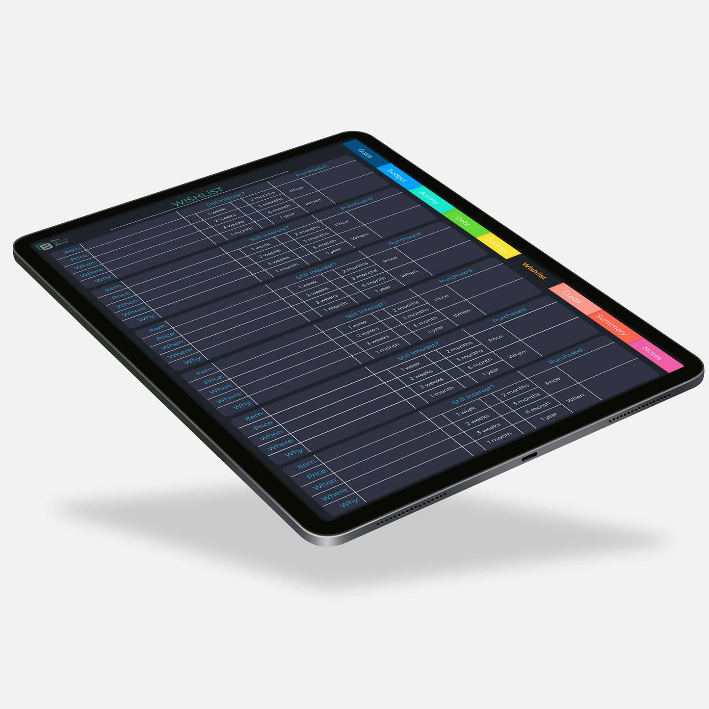 Digital buget planner wishlist template