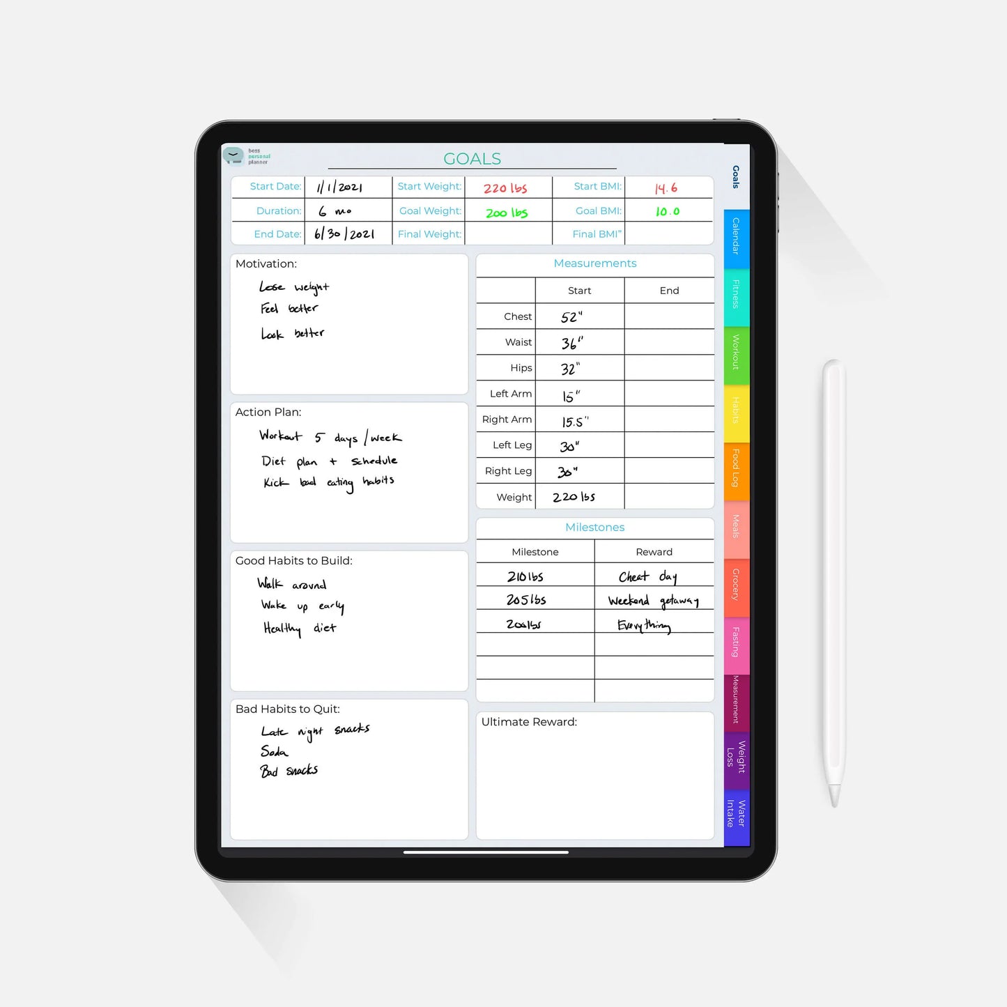 digital fitness planner goals