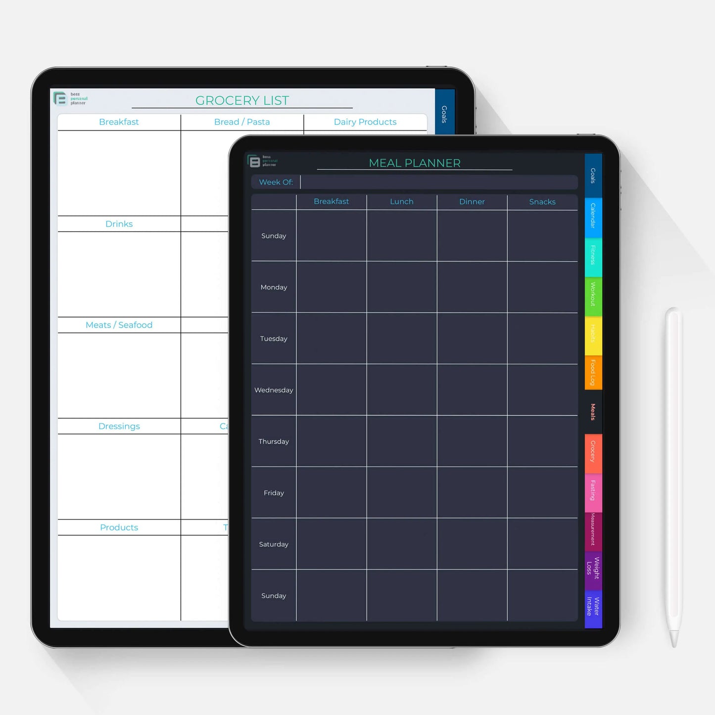 digital fitness planner meal planner and grocery list