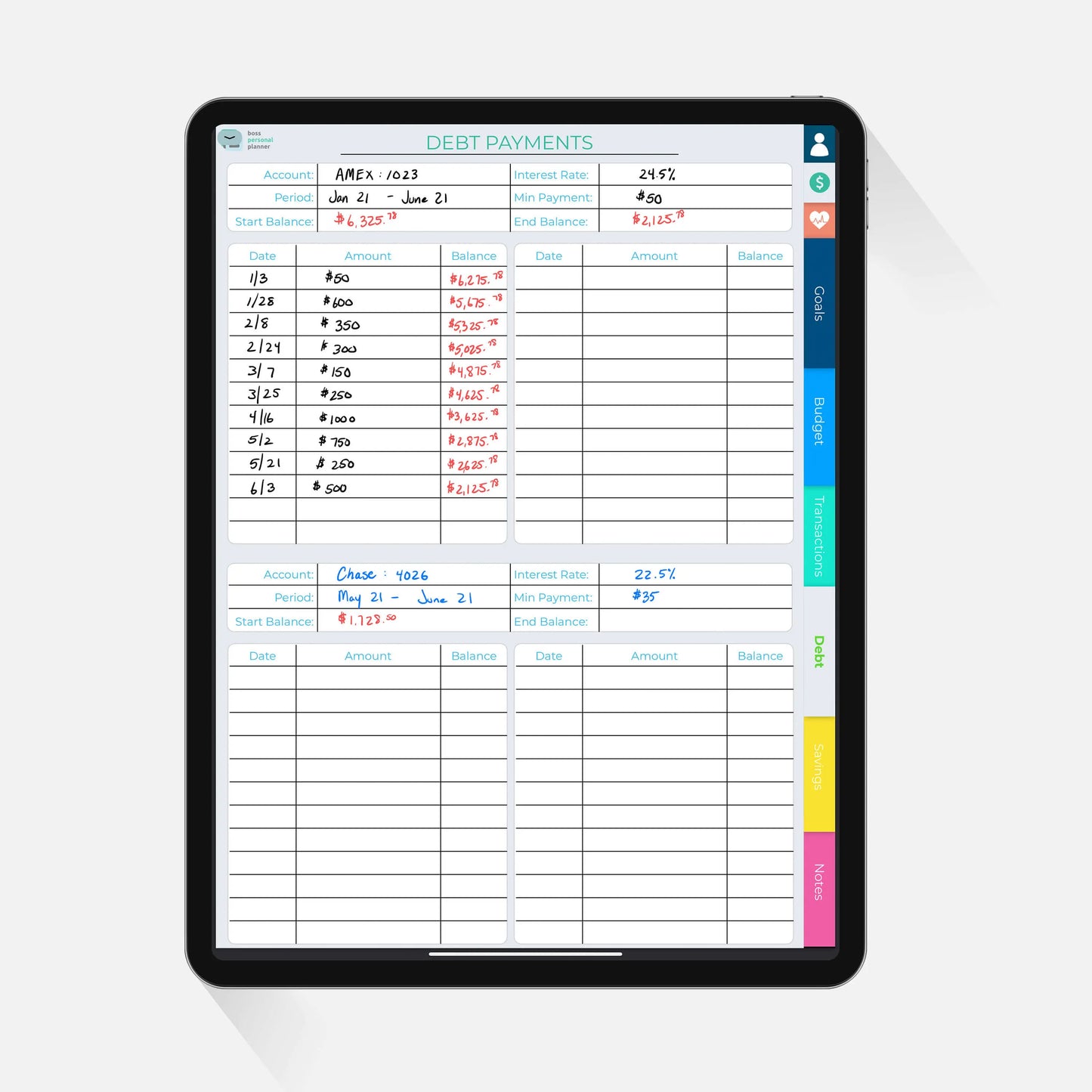 Digital Life Planner debt payment