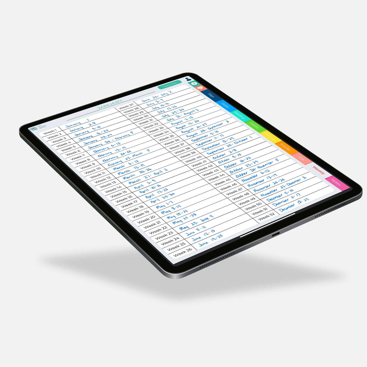 Digital Life Planner weekly navigation