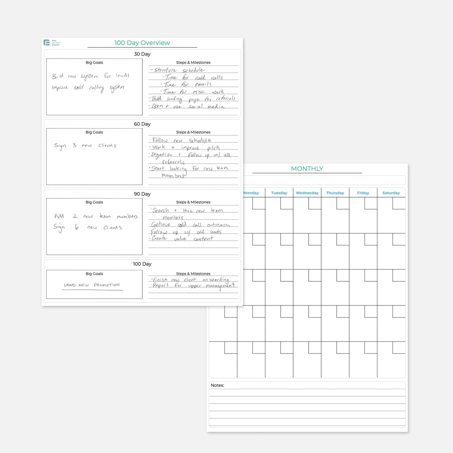 100 day planner overview page and monthly calendar