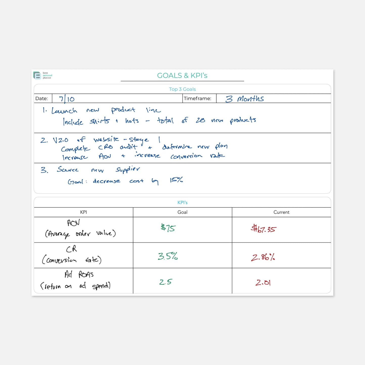 printable business planner kpi and goal tracker