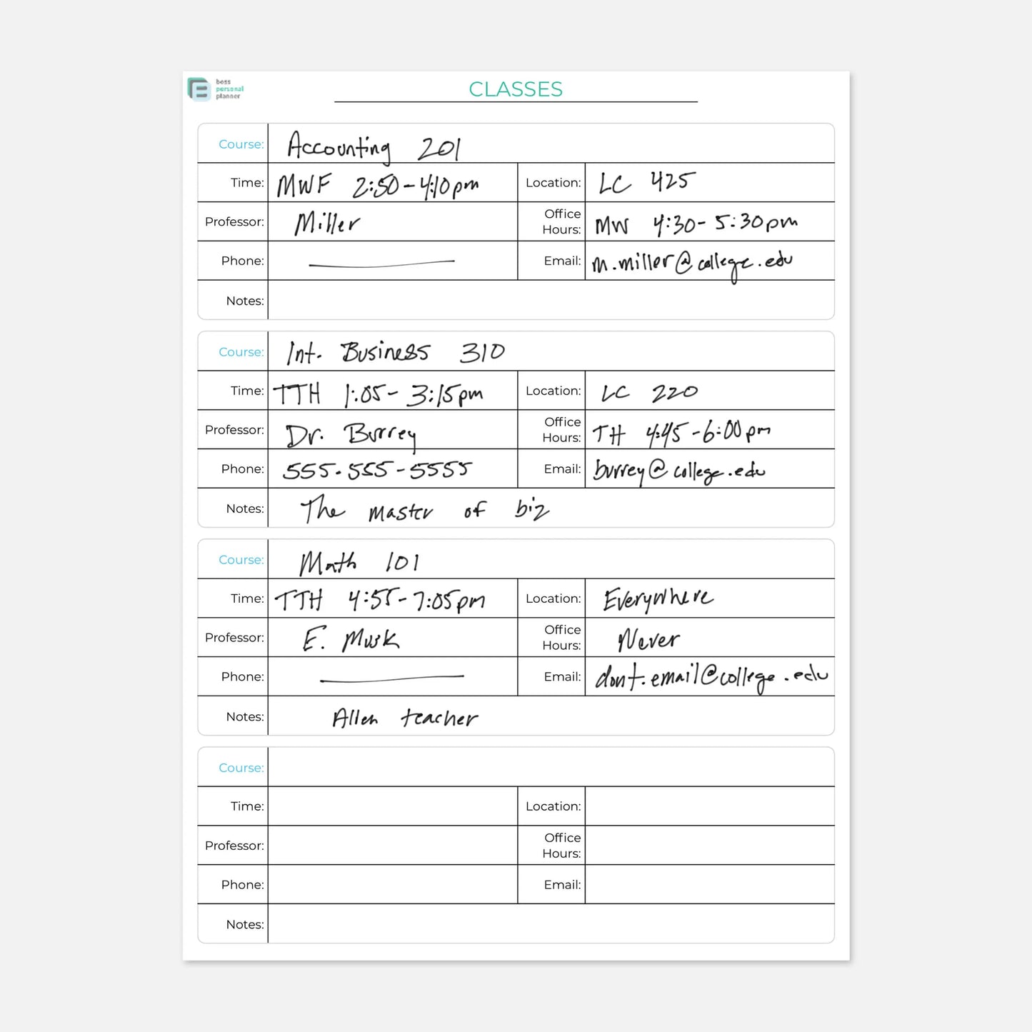 printable student planner class schedule
