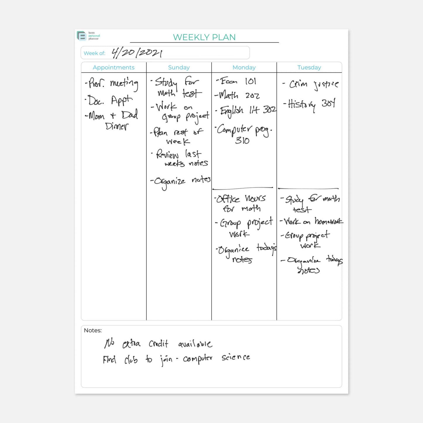printable student planner weekly plan
