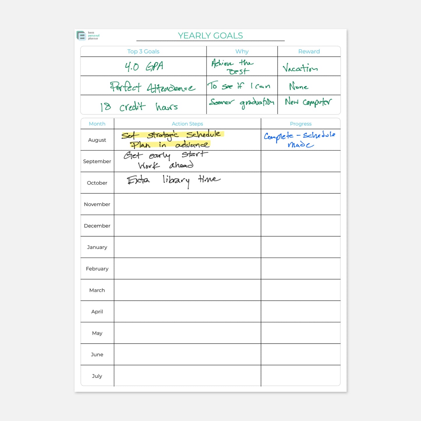 printable student planner yearly goals