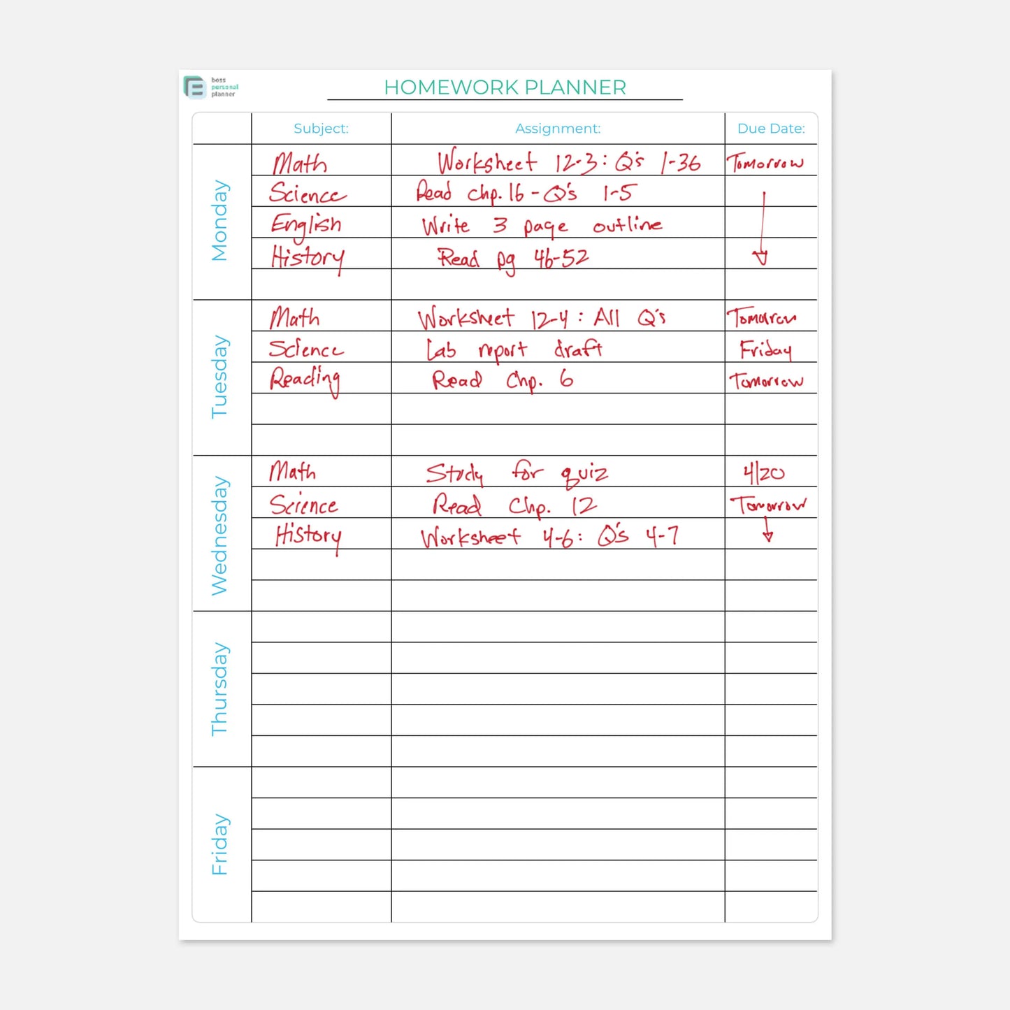 printable teacher planner homework planner
