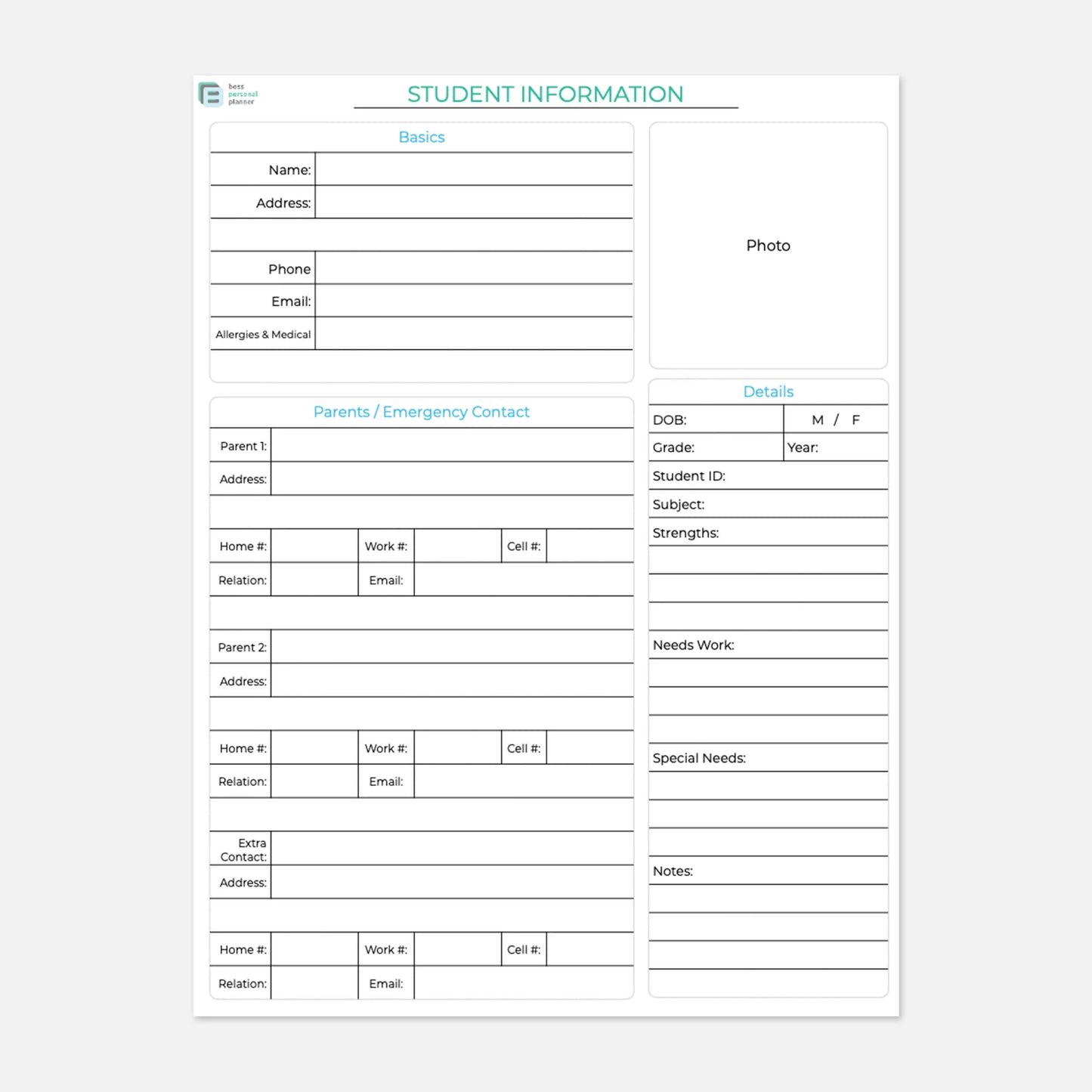 printable teacher planner student information