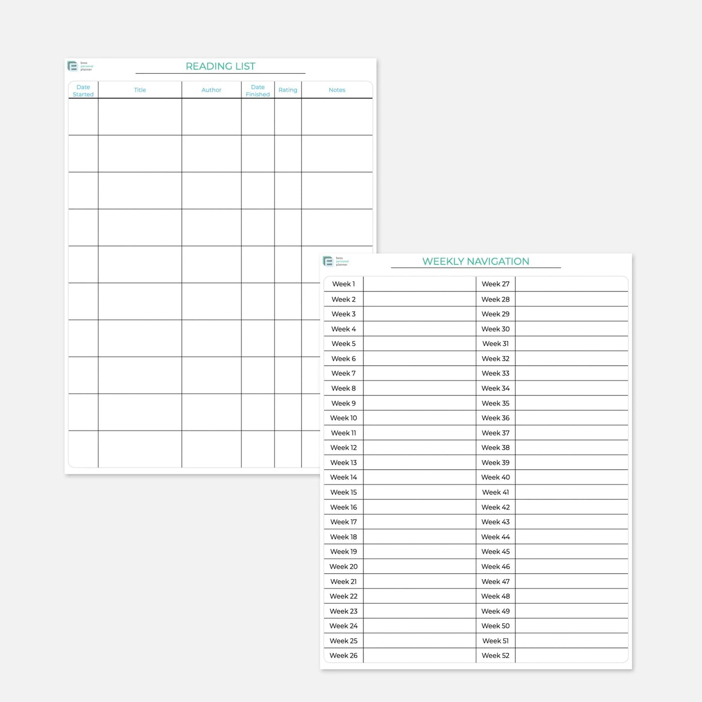 printable reading list tracker and weekly planner table of contents