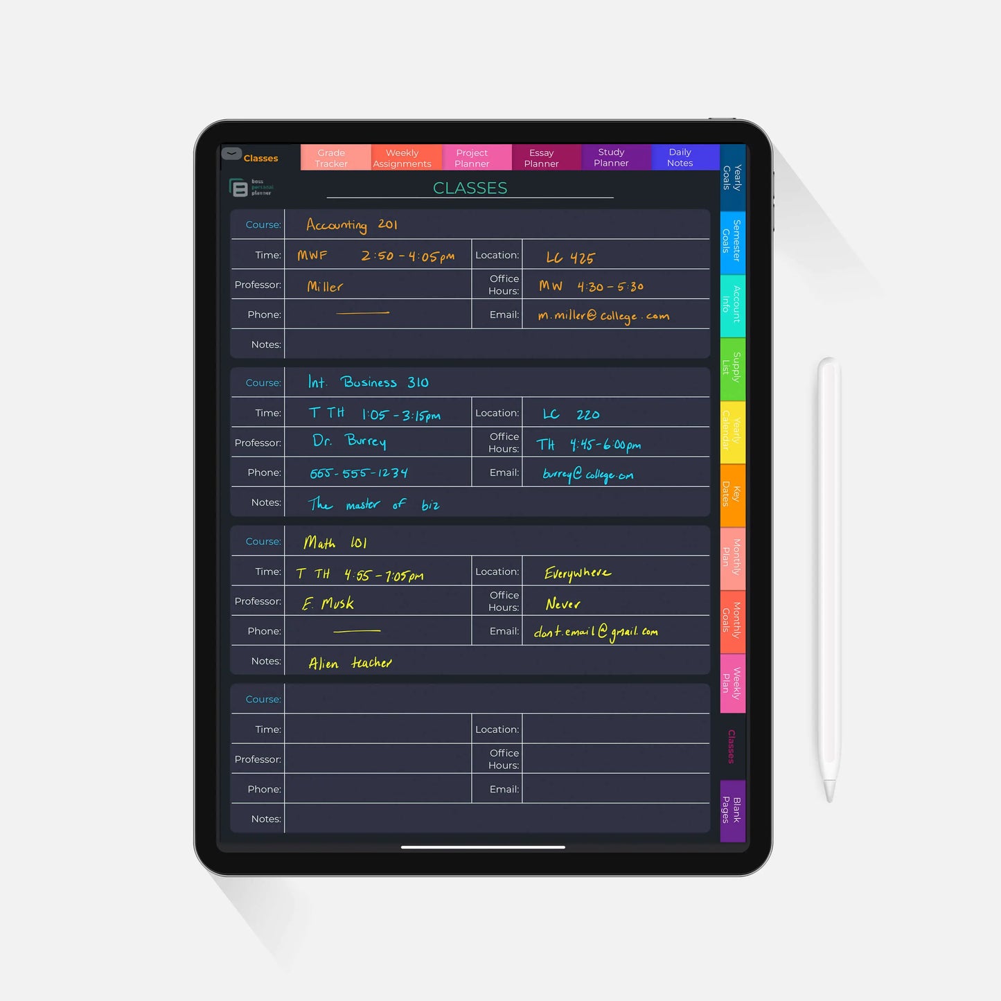 digital student planner class information