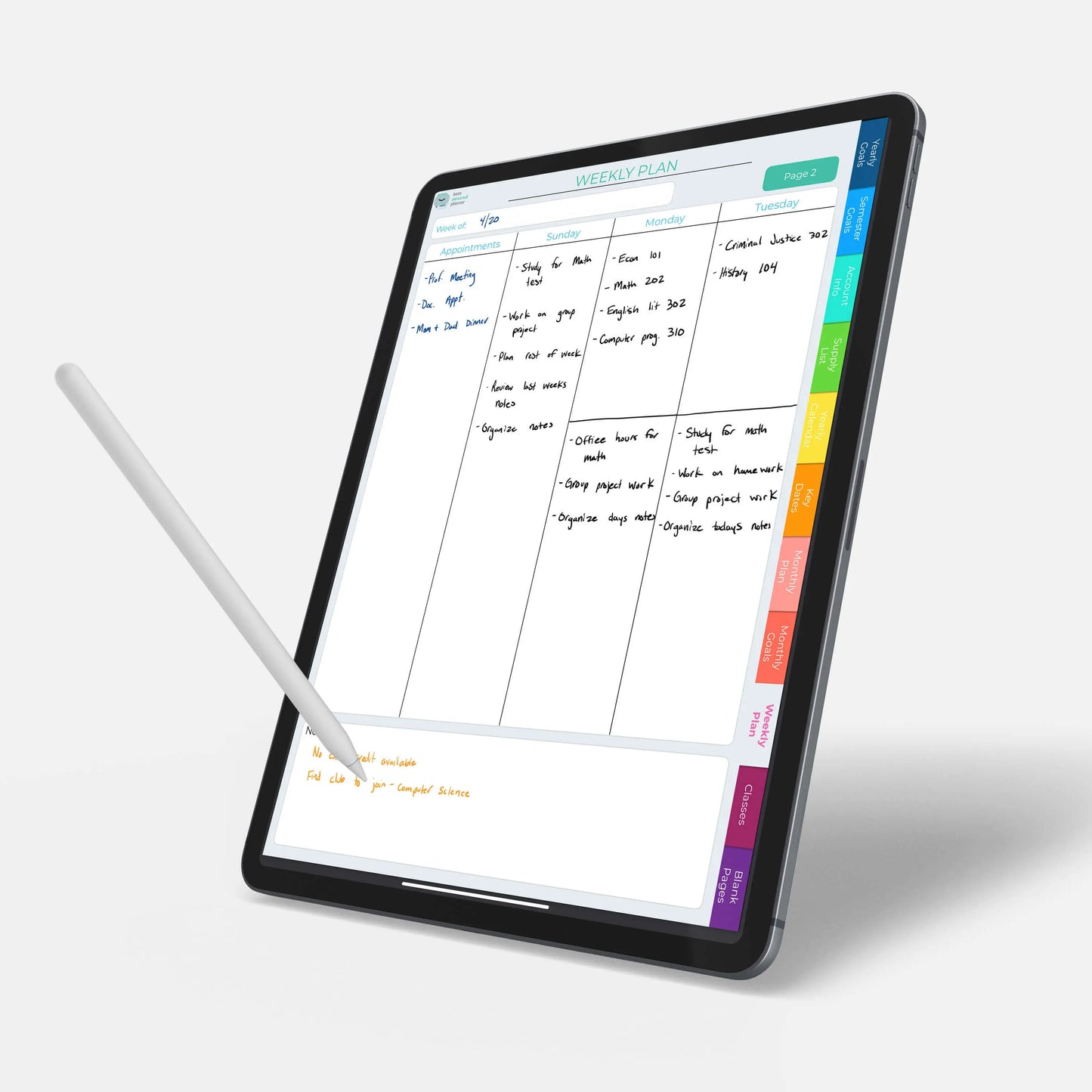 digital student planner weekly schedule