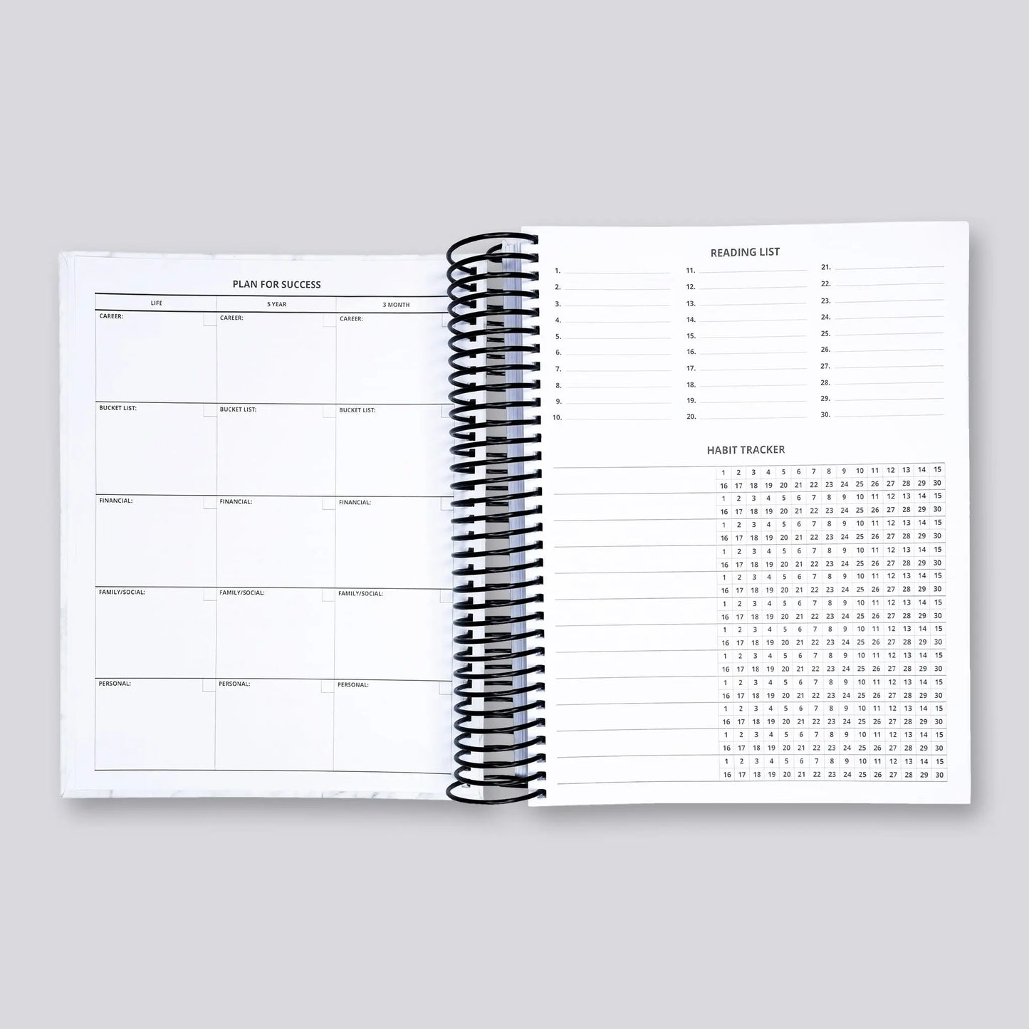 personal planner plan for success, reading list, and habit tracker
