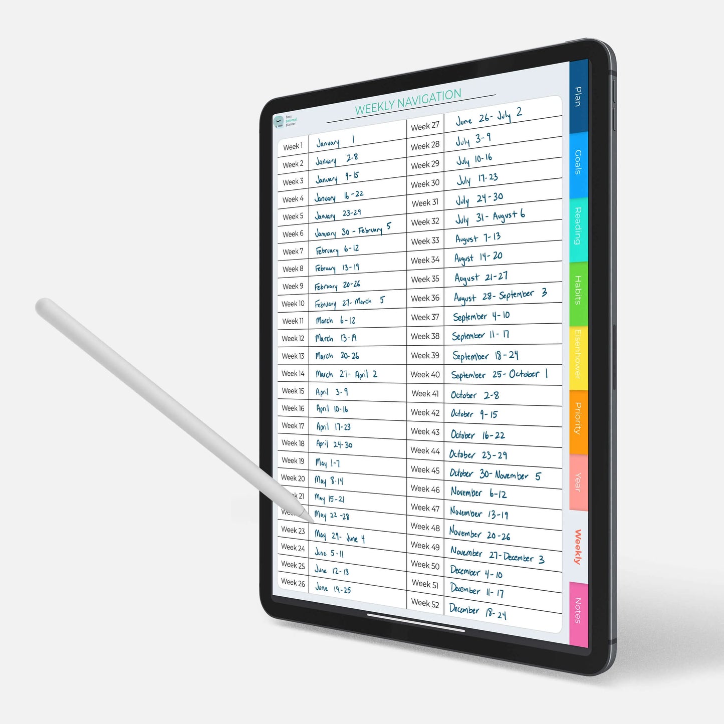 digital weekly planner undated navigation setup