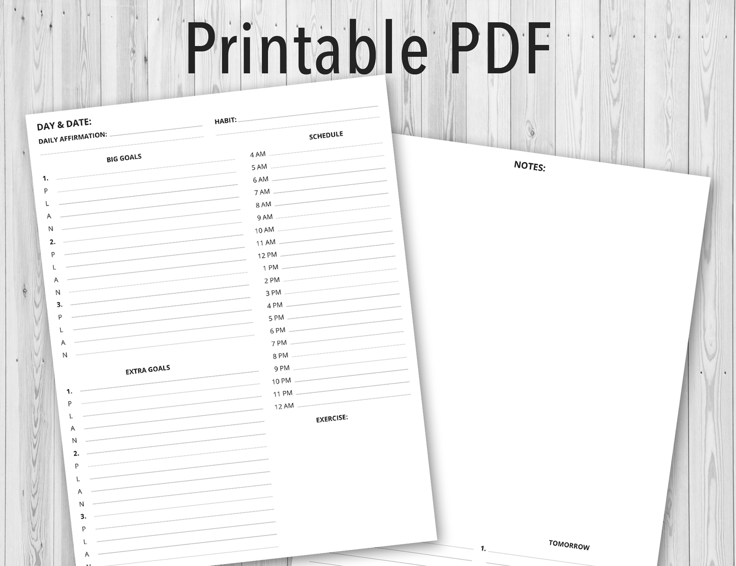 Printable PDF Personal Planner, Day and Date, Notes