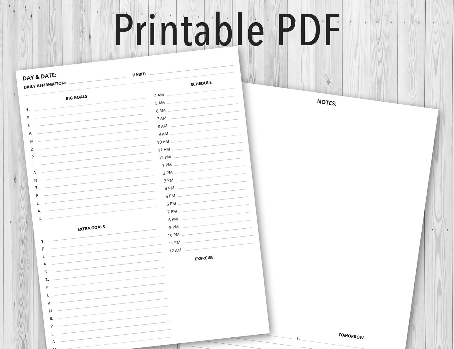 Printable PDF Personal Planner, Day and Date, Notes