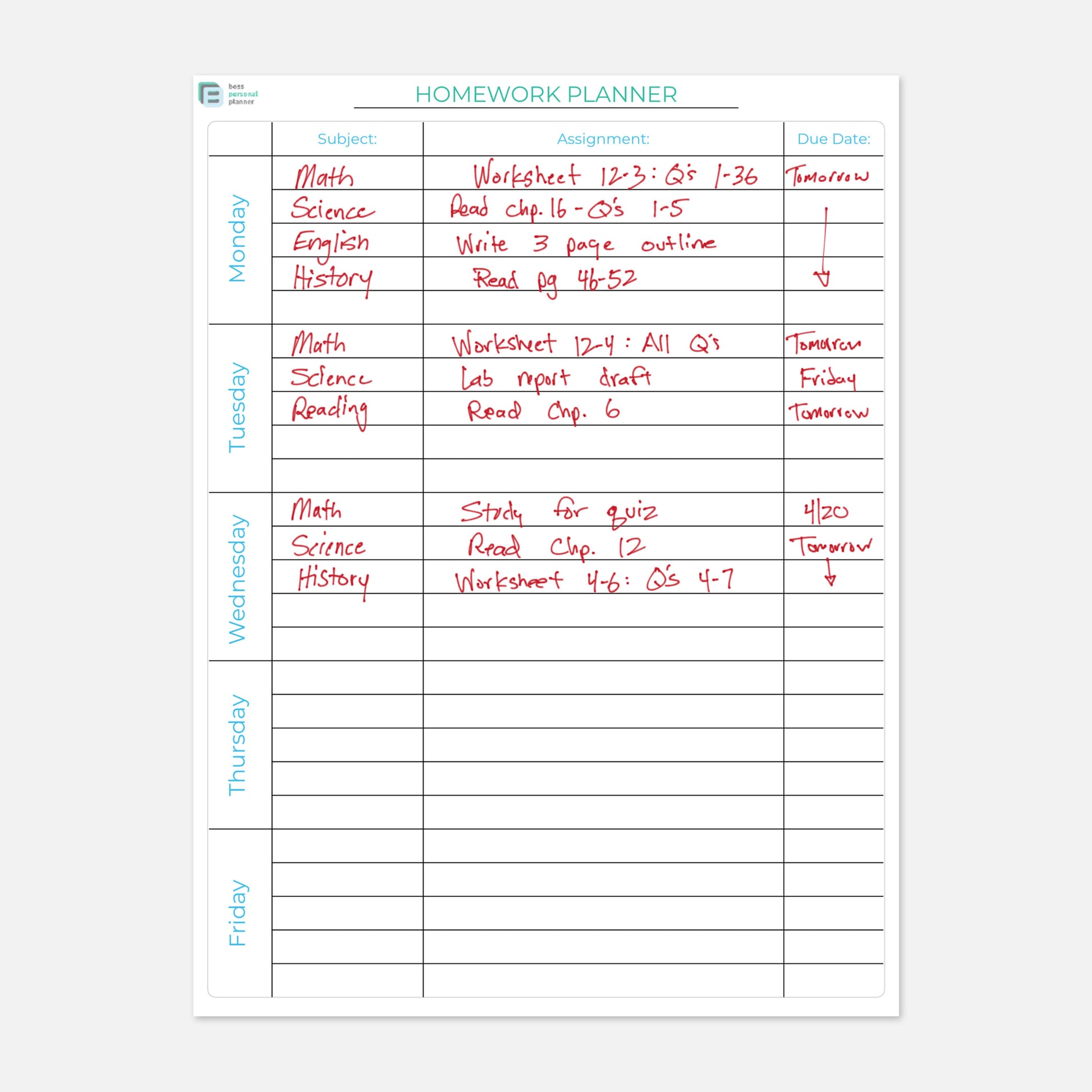 weekly homework planner printable